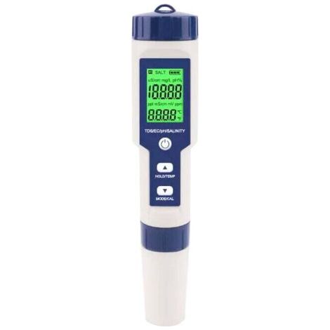 Medidor de sal 5 en 1 APPSC: analiza pH, TDS, CE y temperatura. Protección IP67 para piscinas y acuarios.