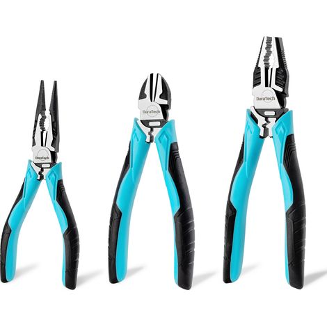 Jeu de pinces en acier au carbone 3 pièces – Pince à bec long 160 mm – Pince coupante 160 mm – Pince universelle 200 mm pour travaux de précision – Duratech