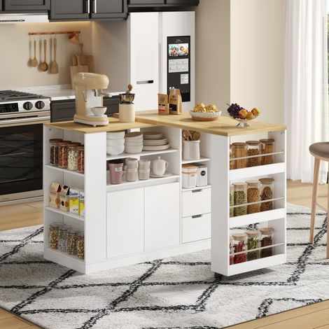 Mobile bar 115×50×92 cm, Isola cucina con piano girevole estensibile, 3 ripiani + 2 cassetti, MDF bianco e legno naturale (1/5)
