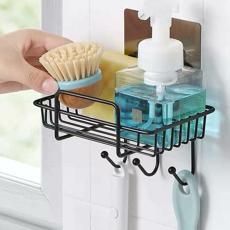 Porte-éponge de cuisine, 2 en 1 Organisateur Evier Cuisine, Porte-éponge Panier de Rangement en pour détergents éponges, pour cuisine, salle de bain (Avec 3 crochets)