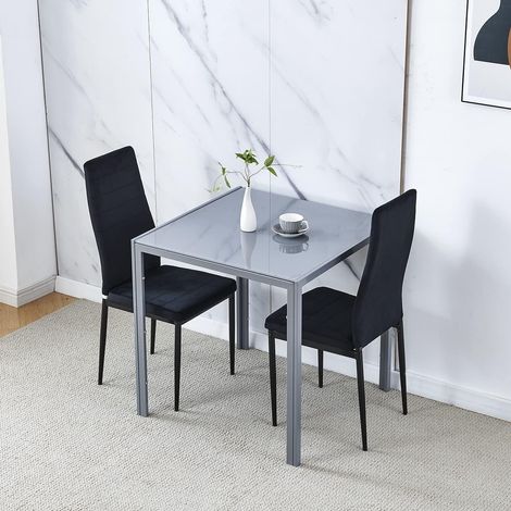Dining Room Set, Grey Glass Dining Table with Chairs, 75x75 cm Square Glass Table and Chairs for Small Room (Table with 2 Chairs, Black Flannel)
