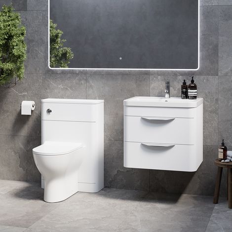 Oslo Gloss White 1150mm Wall Mounted Vanity Unit Toilet Suite with Anya Basin - 1150mm - Oslo Standard HandleWith Jubilee Toilet Pan and Seat