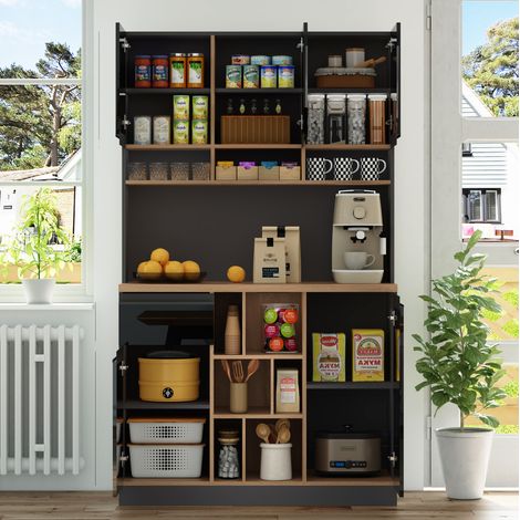 Buffet de cuisine 105x45x185 cm noir et décor bois en MDF avec étagères réglables, tiroir et rangement ouvert (1/5)