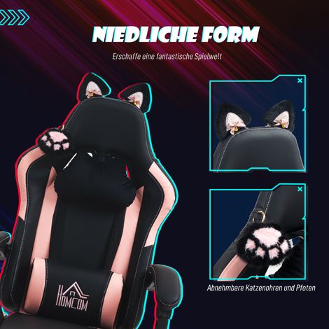 Fauteuil gamer avec oreilles de chat, dossier inclinable, repose-pieds rétractable, capacité max 120 kg, rose/noir