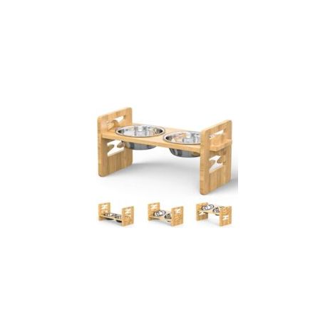 Haloyo – Support en bambou réglable en hauteur pour bol de chien – avec 2 bols en acier inoxydable – conception inclinée à 15° pour un accès facile au nourriture (1/5)