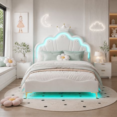 Lit enfant princesse 140x190 cm, avec sommier à lattes, tête de lit couronne avec LED, PU blanc, pour chambre de fille moderne