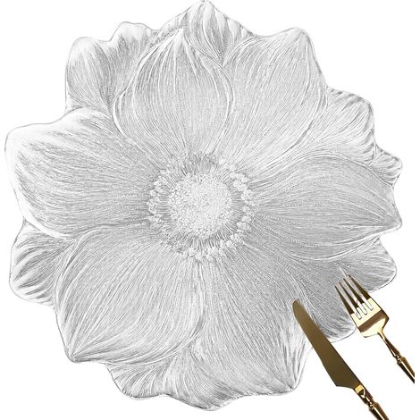 Kindfiber OÜ-Ensemble de 6 Sets de Table Ronds 38 cm en Métallisé à Motif Fleur de Lotus Pressée, pour Repas, Mariage, Décoration de Table, Argenté (1/5)