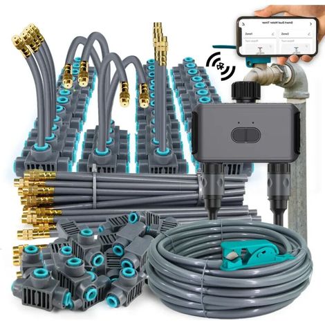 Kit C-10m : Système d'arrosage intelligent double zone indépendant avec minuterie WiFi et Bluetooth, brumisation, application de refroidissement, programme d'arrosage personnalisable et connexion rapi