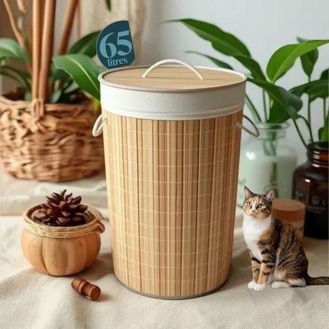 Panier à Linge en Bambou avec Couvercle - Panier de Rangement avec Sac en Tissu Amovible - Pliable - 65L - Bois clair (1/4)
