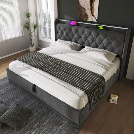 lit adulte double rangement LED 180x200 lin gris OKMYHOME (1/5)