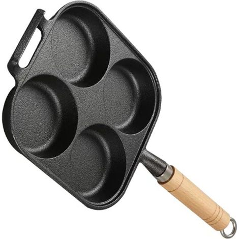 Tiefe, antihaftbeschichtete Bratpfanne mit Pfannenwender, Ölpinsel und vier Mulden für Frühstückspfannkuchen (1/5)