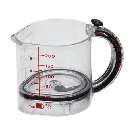 Adjustable measuring cup with graduated coulissants, resistant plastic to the heat, adapted to pâtisserie, cuisine and preparation of bread and powder.