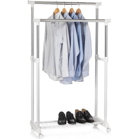 Idimex – Portant à vêtements sur roulettes – 2 tringles – Hauteur réglable jusqu'à 164 cm – Charge max 15 kg – Design chromé blanc (1/4)