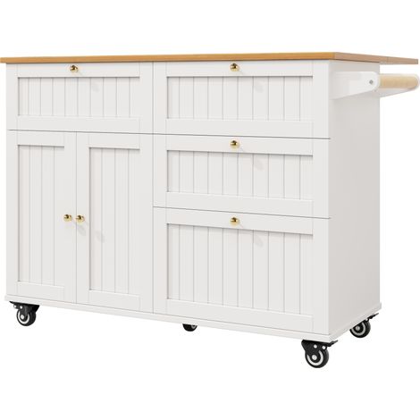 Isla de cocina multifuncional blanca de MDF con encimera efecto madera y almacenamiento (1/5)