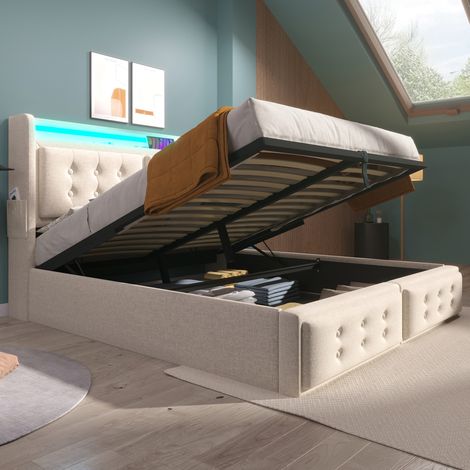 Letto matrimoniale 140x200 cm beige in cotone e lino con LED, prese USB-C e vano contenitore (1/5)