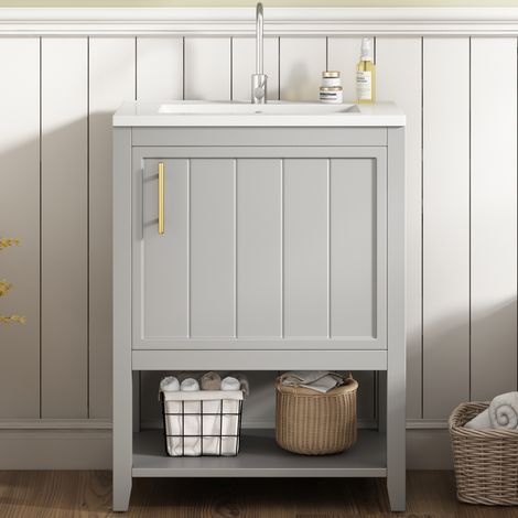 Meuble de salle de bain 61x47x87 cm MDF gris avec vasque en céramique, gain de place – MEUBLIV (1/5)