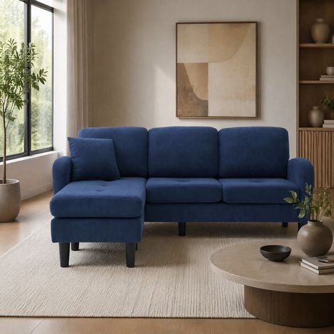 Canapé d'angle modulaire 3 places en tissu côtelé avec méridienne réversible bleu DESVIAE (1/5)