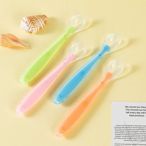 Ensemble de cuillères pour bébé, 4 cuillères en silicone, ensemble de couverts, encourage l'autonomie des bébés pour manger, sans BPA, tête ronde (1/5)