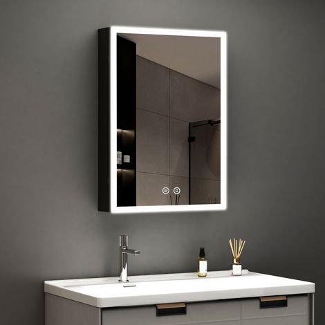 Spiegelschrank Bad mit Beleuchtung 50x70cm Bad Spiegelschrank Schwarz mit Beleuchtung Badezimmerschrank Hängeschränke mit 3 Lichtfarben Dimmbar + Beschlagfrei + Memory-Funktion, Schwarz