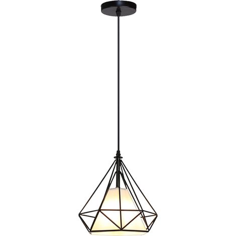 Lampes de Plafond Abat-Jour Lampe Suspension Lustre Cage en Fer Forme Diamant 20cm avec Douille Eclairage Style Industrielle E27 Noir (1/4)