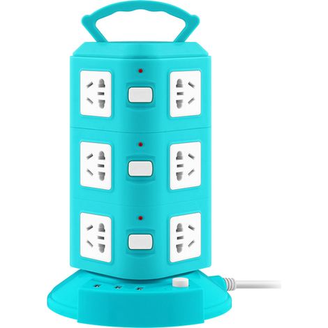 Tour de prises multifonction avec protection contre les surcharges, prise portable 220V 10A, 3 étages, vert paon, ports USB intégrés (1/5)