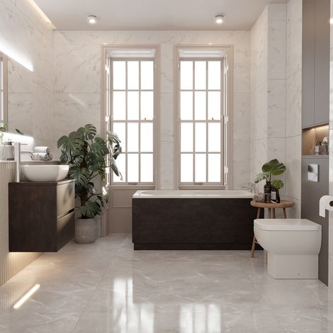Alford 1400mm Steel Straight Single Ended Bathroom Suite including Polished Chrome Flush Plate Back to Wall Toilet and Metallic Slate Vanity Unit with Countertop Basin (1/5)