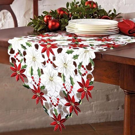 Chemin de table brodé de Noël, poinsettia, feuilles de houx, nappe (1/5)