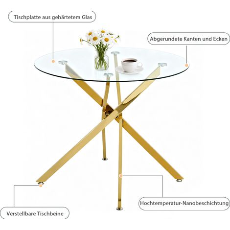 Table ronde en verre trempé avec pieds dorés, table basse moderne minimaliste, table à manger design, 80 x 80 x 76 cm (1/5)