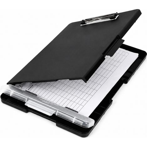 Planche a Pinces avec Boite de Rangement, A4 Plastique Robuste avec Ouverture Laterale et Porte-Stylo, Pliable pour Soins Infirmiers, Ecole, Bureau, Noir