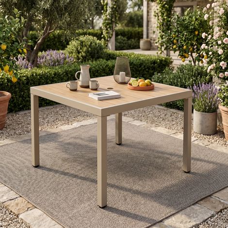 Table de jardin, table à manger d'extérieur, pour 4 personnes, 84 x 84 x 74,5 cm, structure en fer galvanisé, plateau en bois composite, avec trous pour parasol, couleur kaki (1/4)