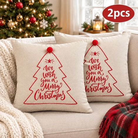 Lot de 2 housses de coussin brodees sapin rouge de Noel, decoration festive 45 x 45 cm (1/5)