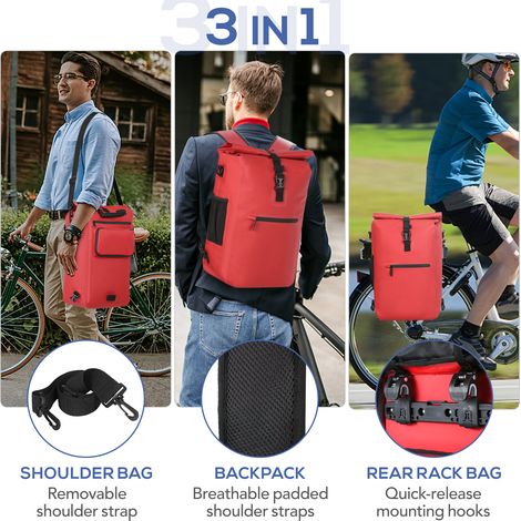 Sacoche de vélo étanche 3 en 1, sac de support arrière de vélo, sac à dos à bandoulière pour déplacements en plein air, avec compartiment pour ordinateur portable (1/5)