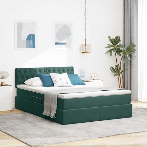 vidaXL Letto con contenitore LED e materasso Verde Scuro 140 x 200 cm