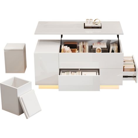 Table basse relevable 4 en 1 100x50x45 cm avec LED, 2 tiroirs, 2 tabourets, charge max 50 kg, blanc