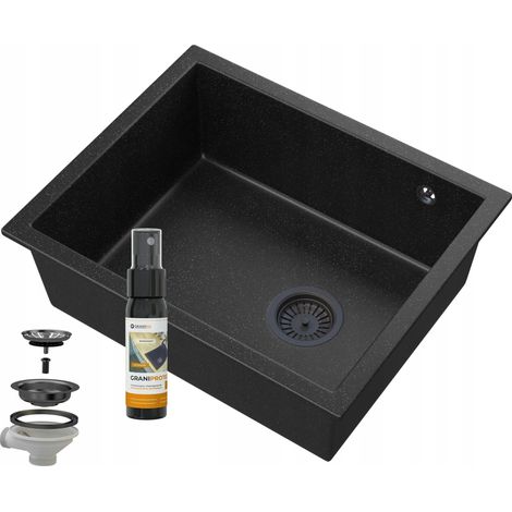Évier de cuisine en granit Salix 56 x 46 cm 1 bac sous plan noir avec siphon (1/5)