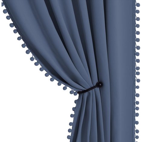 Lot de 2 Rideaux occultants à Pompons pour Salon/Porte coulissante - Isolation Thermique - pour Chambre à Coucher, Chambre d'enfant - 132,1 x 213,4 cm (l x L) - Bleu Pierre (1/5)
