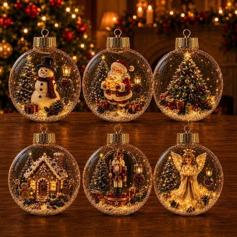 Lot de 6 Boules de Noël Lumineuses LED, Lumière Blanc Chaud, Décoration Suspendue pour Sapin et Maison, A (1/5)