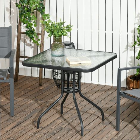 Table de jardin en métal noir carrée avec plateau en verre trempé, trou pour parasol, 76 x 76 cm (1/5)