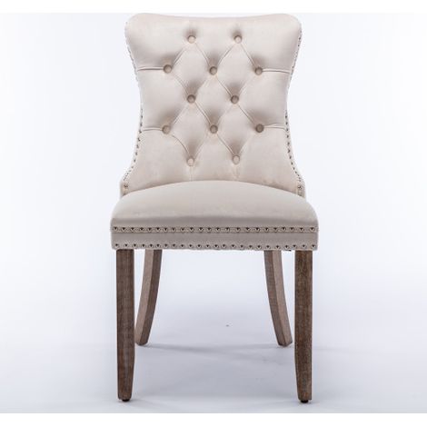 Chaises de salle à manger modernes haut de gamme en bois massif capitonné — Revêtement contemporain en velours, pieds en bois massif, finition cloutée (Lot de 2), Beige