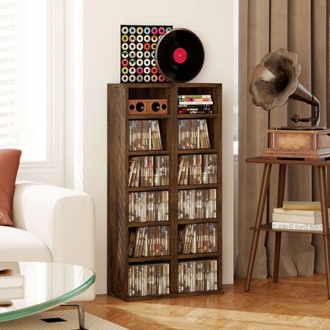 Lot de 2 étagères colonnes armoire de rangement CD 12 compartiments 21 x 22.5 x 88.5 cm capacité 204 CD brun rustique