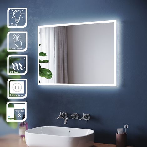 ELEGANT 500 x 700mm Bathroom Illuminated LED Mirror with Demister Pad + Shaver Socket Wall Mounted Bathroom Makeup Mirror Touch Sensor (1/6)