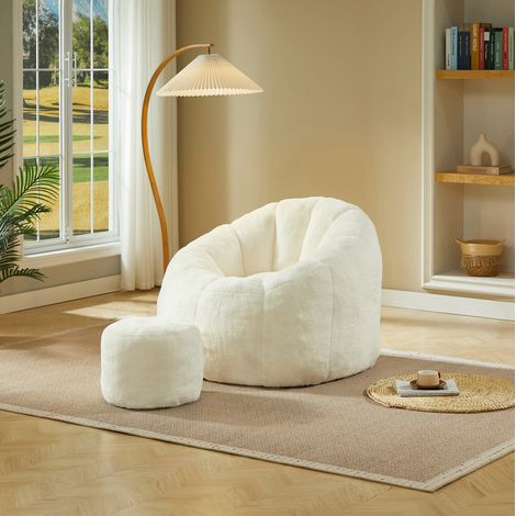 Poltrona pouf floreale con poggiapiedi, tessuto morbido bianco panna, 105 x 105 x 70 cm (1/5)