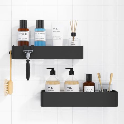 Panier de douche - Lot de 2 organisateurs de douche adhésifs, étagères métalliques antirouille, rangements de salle de bain sans perçage, noir, très grand (1/5)