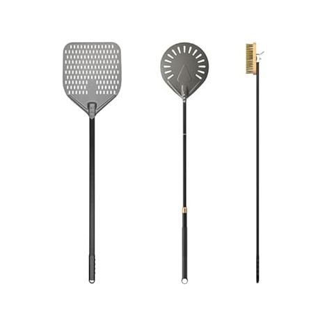 Paleta de Pizza Perforada de 12 Pulgadas con Mango de Aluminio Anodizado de 9 Pulgadas, Cepillo para Horno y Set de 3 Piezas para Pizza