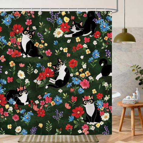 Rideau de Douche Chat Noir Fleurs de Jardin Rideau de Bain Tissu Polyester Anti Moisissure Imperméable Lavable Rideaux Salle de Bain 180 x 180 cm avec 12 Crochets pour Baignoire (1/5)