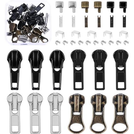39-teiliges Metallreißverschluss-Reparaturset: Nr. 5 Schieber mit Zuglaschen, 12 Schieberköpfe, 6 Sets obere und untere Anschläge, Reißverschlüsse (1/5)