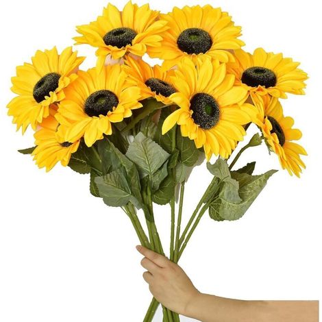 Lot de 6 fleurs artificielles tournesols en soie – Longue tige 56 cm – Décoration pour mariage, fête, maison – Couleur jaune