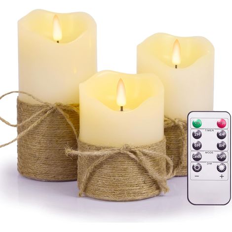 Lot de 3 Bougies LED Pilier Sans Flamme, Design Corde de Jute, Flamme 3D Vacillante, Télécommande et MinuterieOscillant + télécommande rechargeable (1/5)