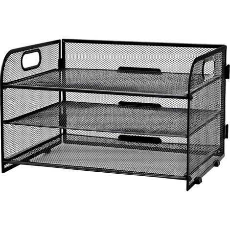1 Organiseur de Bureau 3 Niveaux, Maille Métallique, Poignée Intégrée, Plateaux Coulissants, Pour Fichiers A4 (1/5)