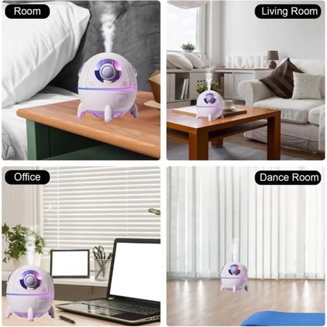 Mini humidificador USB: humidificador portátil con forma de cohete, iluminación ambiental, ABS y PC transparentes, color morado. (1/5)